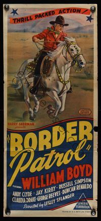 6d016 BORDER PATROL Aust daybill '43 cool art of William Boyd as Hopalong Cassidy on horseback!