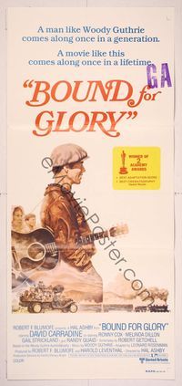 6d079 BOUND FOR GLORY Aust daybill '76 David Carradine as folk singer Woody Guthrie, Tom Jung art!