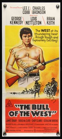 6d093 BULL OF THE WEST Aust daybill '72 stone litho art of shirtless Charles Bronson w/rifle!