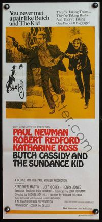 6d097 BUTCH CASSIDY & THE SUNDANCE KID yellow Aust daybill '69 Newman & Redford w/Katharine Ross!