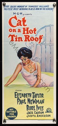 6d114 CAT ON A HOT TIN ROOF Aust daybill R66 stone litho art of Elizabeth Taylor as Maggie the Cat!