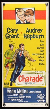 6d116 CHARADE Aust daybill '63 stone litho art of tough Cary Grant & sexy Audrey Hepburn!