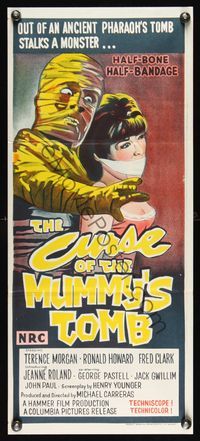 6d142 CURSE OF THE MUMMY'S TOMB Aust daybill '70s really cool artwork of mummy with pretty girl!