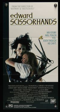 6d177 EDWARD SCISSORHANDS Aust daybill '90 Tim Burton classic, scarred Johnny Depp w/Winona Ryder!