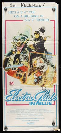 6d179 ELECTRA GLIDE IN BLUE Aust daybill '73 cool artwork of motorcycle cop Robert Blake!