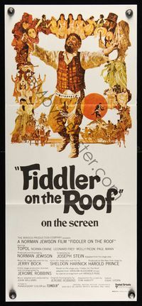 6d197 FIDDLER ON THE ROOF Aust daybill '72 cool artwork of Topol & cast by Ted CoConis!