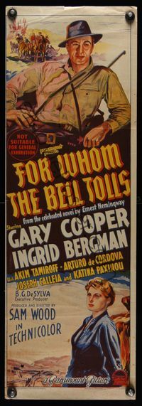 6d017 FOR WHOM THE BELL TOLLS Aust daybill '43 10x30, stone litho of Gary Cooper & Ingrid Bergman!