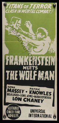 6d205 FRANKENSTEIN MEETS THE WOLF MAN Aust daybill R60s cool artwork of classic monsters fighting!
