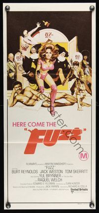 6d214 FUZZ Aust daybill '72 wacky art of naked Burt Reynolds & sexiest cop Raquel Welch!