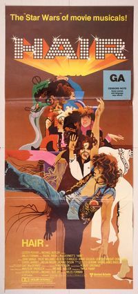 6d240 HAIR Aust daybill '79 Milos Forman, Treat Williams, musical, Peak art, let the sun shine in!