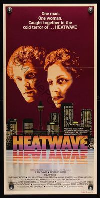 6d245 HEATWAVE Aust daybill '82 Judy Davis & Richard Moir, caught together in the terror!