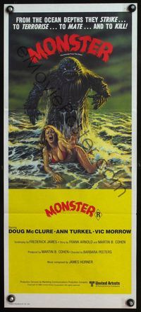 6d255 HUMANOIDS FROM THE DEEP Aust daybill '80 sexy art of creature looming over girl on beach!