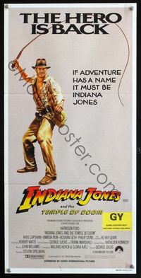 6d259 INDIANA JONES & THE TEMPLE OF DOOM Hero is Back style Aust daybill '84 Harrison Ford cracking whip!