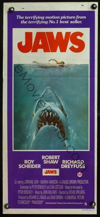 6d270 JAWS Aust daybill '75 artwork of man-eating shark attacking sexy swimmer, Steven Spielberg!