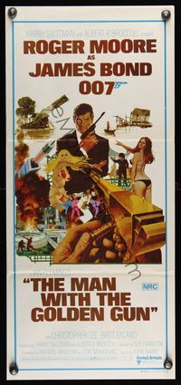 6d322 MAN WITH THE GOLDEN GUN Aust daybill '74 Roger Moore as James Bond by Robert McGinnis!