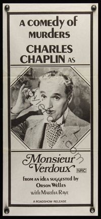 6d335 MONSIEUR VERDOUX Aust daybill R70s image of Charlie Chaplin as gentleman Bluebeard!