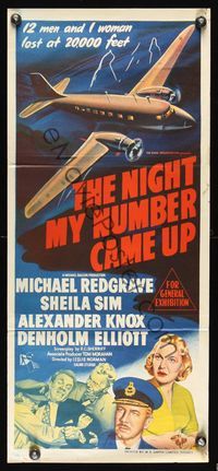 6d351 NIGHT MY NUMBER CAME UP Aust daybill '55 stone litho art of pilot Michael Redgrave!