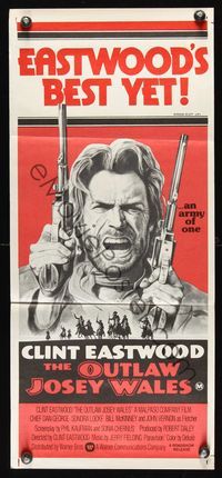6d364 OUTLAW JOSEY WALES Aust daybill '76 Clint Eastwood is an army of one, double-fisted artwork!