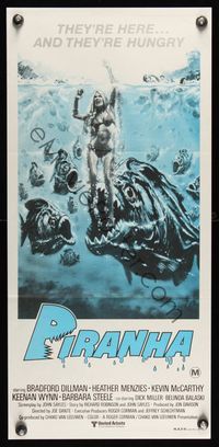 6d375 PIRANHA Aust daybill '78 Roger Corman, cool art of man-eating fish & sexy girl by John Solie!