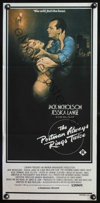 6d377 POSTMAN ALWAYS RINGS TWICE Aust daybill '81 art of Jack Nicholson & Jessica Lange by Casaro!