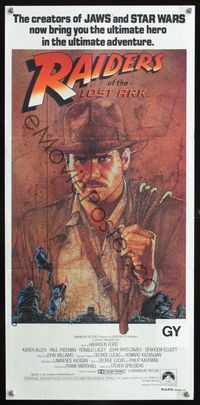 6d384 RAIDERS OF THE LOST ARK Aust daybill '81 great artwork of Harrison Ford by Richard Amsel!