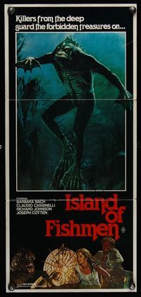 6d423 SOMETHING WAITS IN THE DARK Aust daybill '80 Island of Fishmen, cool horror art of monster!