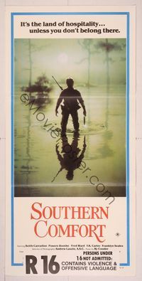 6d428 SOUTHERN COMFORT Aust daybill '81 Walter Hill, Keith Carradine, cool image of hunter in swamp