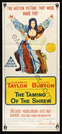 6d448 TAMING OF THE SHREW Aust daybill '67 different art of Elizabeth Taylor & Richard Burton!