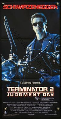 6d453 TERMINATOR 2 Aust daybill '91 Arnold Schwarzenegger on motorcycle with shotgun!