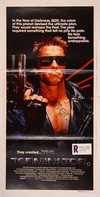 6d452 TERMINATOR Aust daybill '84 close up of most classic cyborg Arnold Schwarzenegger with gun!