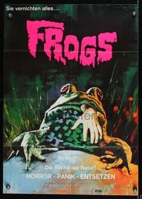 6d665 FROGS German '72 great horror art of man-eating amphibian with human hand hanging from mouth!