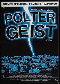 6d856 POLTERGEIST blue German '82 Tobe Hooper, cool art of suburbs & lightning strike!
