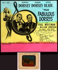 6e019 FABULOUS DORSEYS glass slide '46 Tommy & Jimmy playing trombone & sax + sexy Janet Blair!