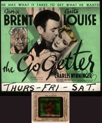 6e028 GO GETTER glass slide '37 Busby Berkeley, George Brent has what it takes to get Anita Louise!