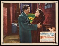 6f470 HOUSE OF STRANGERS LC #8 '49 close up of Richard Conte & fur-coated Susan Hayward in alley!