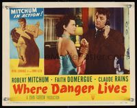 6f784 WHERE DANGER LIVES LC #8 '50 close up of Robert Mitchum on phone & grabbing Faith Domergue!