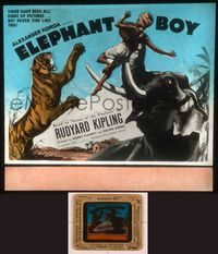 6h083 ELEPHANT BOY glass slide '37 cool art of Sabu with tiger & elephant, Rudyard Kipling