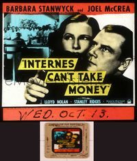 6h093 INTERNES CAN'T TAKE MONEY glass slide '37 different c/u of Barbara Stanwyck & Joel McCrea!