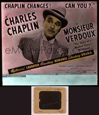 6h097 MONSIEUR VERDOUX glass slide '47 close up of Charlie Chaplin as modern gentleman Bluebeard!