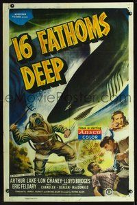 6j007 16 FATHOMS DEEP 1sh '48 Lon Chaney Jr, great dramatic art of deep sea diver vs killer shark!