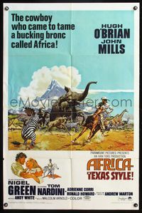 6j020 AFRICA - TEXAS STYLE 1sh '67 cool art of Hugh O'Brien lassoing zebra by stampeding animals!