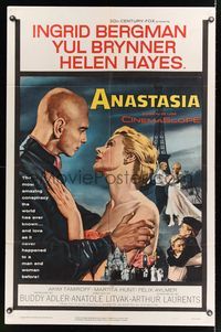 6j030 ANASTASIA 1sh '56 great romantic close up of Ingrid Bergman & Yul Brynner!