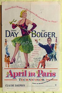 6j039 APRIL IN PARIS 1sh '53 pretty Doris Day and wacky Ray Bolger in France!