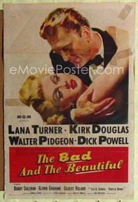 6j047 BAD & THE BEAUTIFUL 1sh '53 great c/u art of Kirk Douglas romancing sexy Lana Turner!