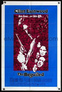 6j067 BEGUILED 1sh '71 cool psychedelic art of Clint Eastwood & Geraldine Page, Don Siegel