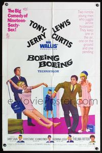 6j084 BOEING BOEING 1sh '65 Tony Curtis & Jerry Lewis in the big comedy of nineteen sexty-sex!