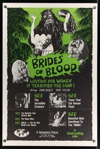 6j105 BRIDES OF BLOOD 1sh '68 wacky art of monster with dismembered girl & a naked native too!