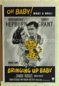 6j110 BRINGING UP BABY 1sh R55 wacky art of Katharine Hepburn & Cary Grant w/leopard in carriage!