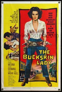 6j117 BUCKSKIN LADY 1sh '57 sexy full-length bad cowgirl Medina with both guns drawn!