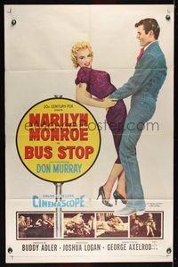 6j124 BUS STOP 1sh '56 great art of cowboy Don Murray holding sexy Marilyn Monroe!